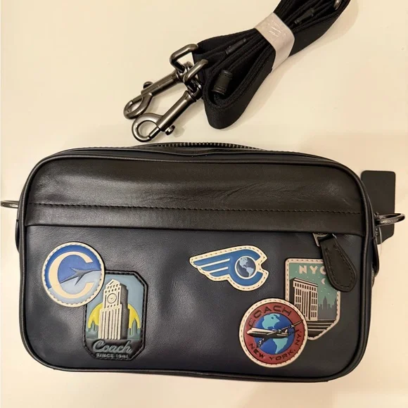 Coach Men’s Crossbody Bag with Travel Patchwork – Black/Navy Leather New! - Picture 6 of 9